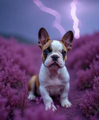 designed by Olivia Locher and Jack Spencer and Steve McCurry and Gjon Mili , photograph, best quality, medium shot of a Bridal Matte White and Maroon French Bulldog Puppy
