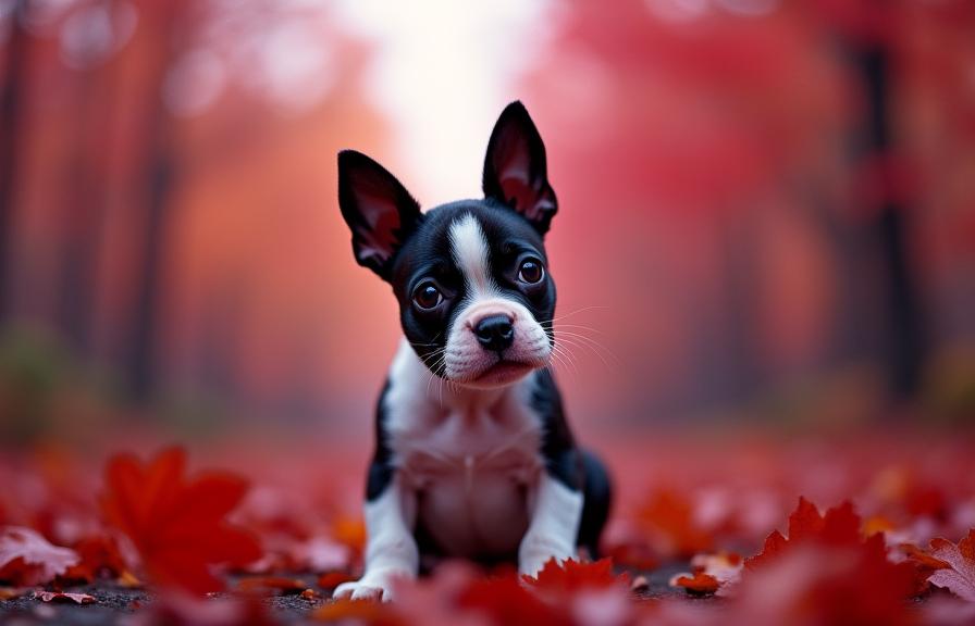 by Andy Goldsworthy and Oleg Oprisco and Terry O Neill and Brassa , photograph, Whimsical, angle from below of a Contemplative Pure Boston Terrier Puppy