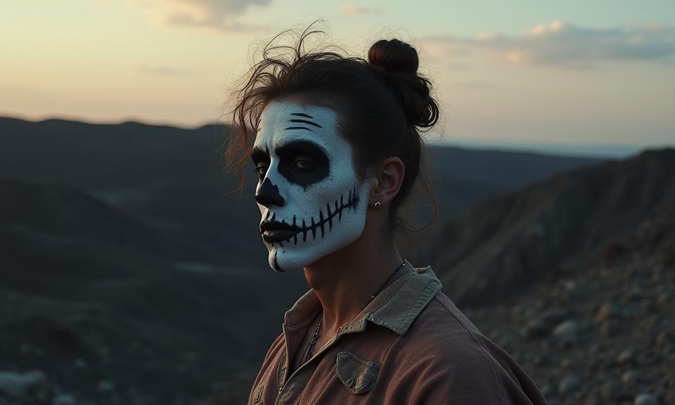 photograph, masterpiece, over the shoulder shot of a Lesser Historical broad shouldered Empire Male Mime , his hair is Charismatic and styled as Messy bun