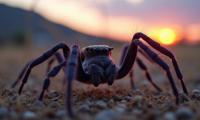 photograph, intricate details, selfie shot angle of a Greedy Wanderlust Spider , Aging University in background