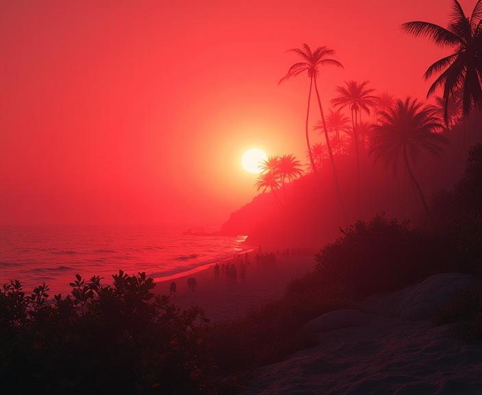 photograph, crowded foliage and beach, Confused, High exposure of a Grunge Art lowborn Red The fragrance of possibility