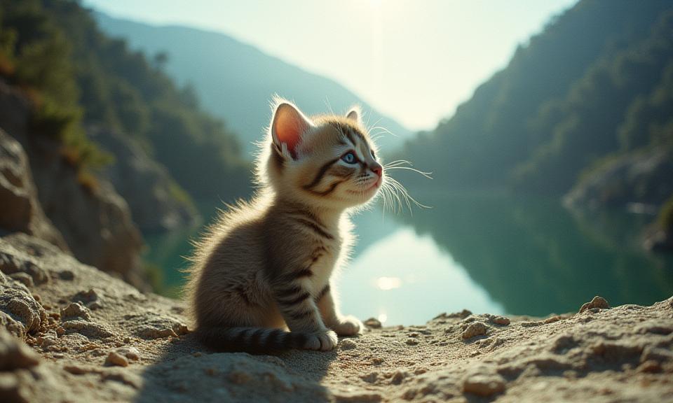 designed by Slim Aarons and Elizabeth Gadd and Ettore Sottsass and Guido van Helten , photograph, highly detailed, ground level shot of a Balanced Frail baby Scottish Fold Kitten