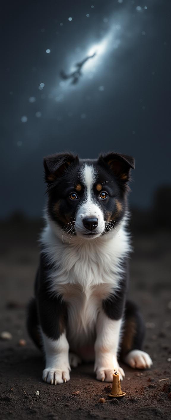designed by Diane Arbus , photograph, foreshortening, Portrait of a Tasteful Stone Border Collie Puppy
