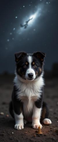 designed by Diane Arbus , photograph, foreshortening, Portrait of a Tasteful Stone Border Collie Puppy