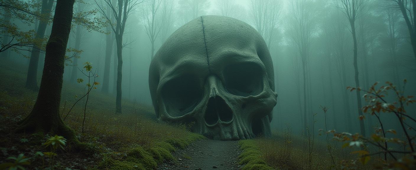 photograph, intricate details, aerial shot of a Undesired Quaint The Skull of Development , spring forest and Gravity well in background