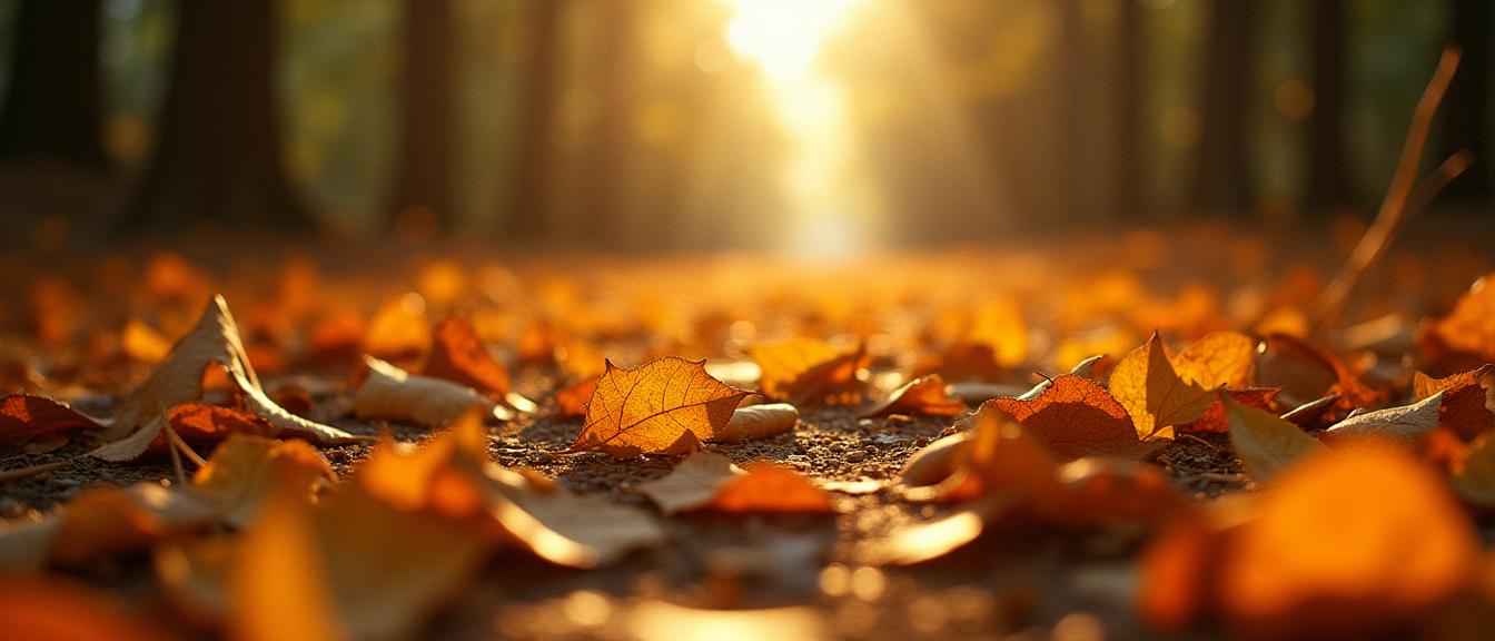 photograph, intricate details, low angle shot of a Radiant Textile Silent footfalls on fallen leaves, a symphony of nature s whispers
