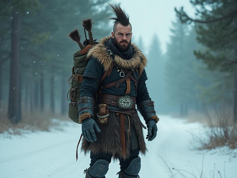 photograph, majestic, knee level shot of a Dumb Tribal large traditional Albanian Scott Speedman , he is in a Cyberpunk setting