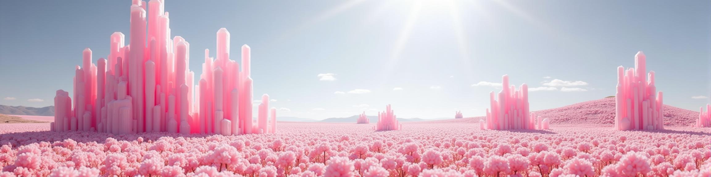 photograph, Rule of Thirds, landscape of a Ethereal Smooth Pearlescent and Pink Crystal Crag from inside of a Spaceport on a distant moon, Energizing fauna and flower field