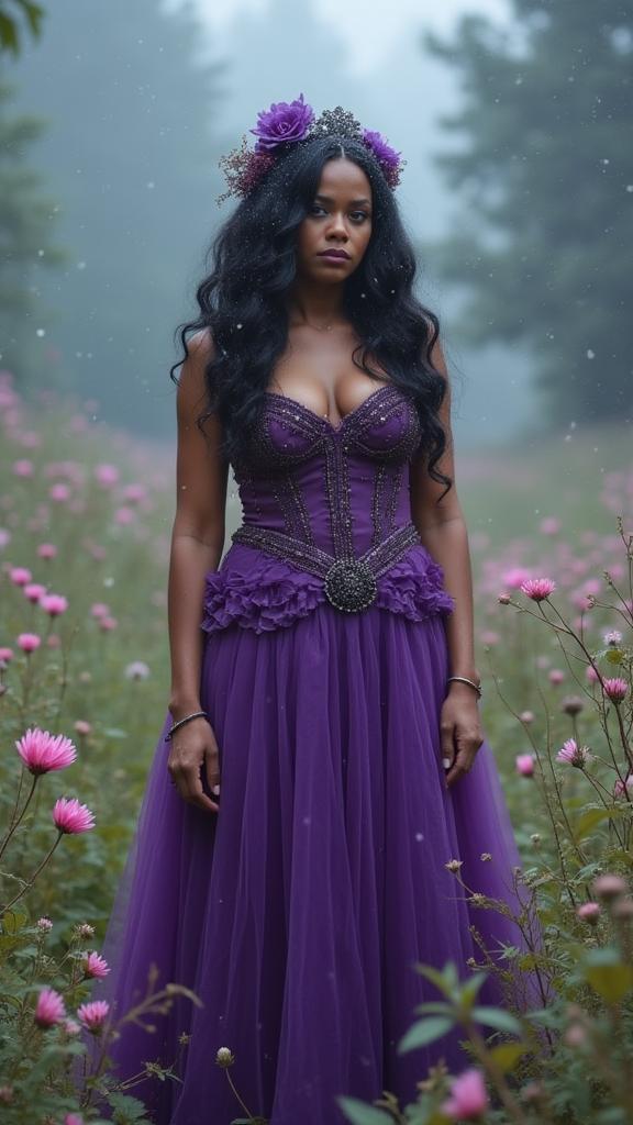 photograph, fairy tale, medium wide shot of y o obese Disco Era Halle Berry Dancer, Halle Berry is very Restless and Terrifying