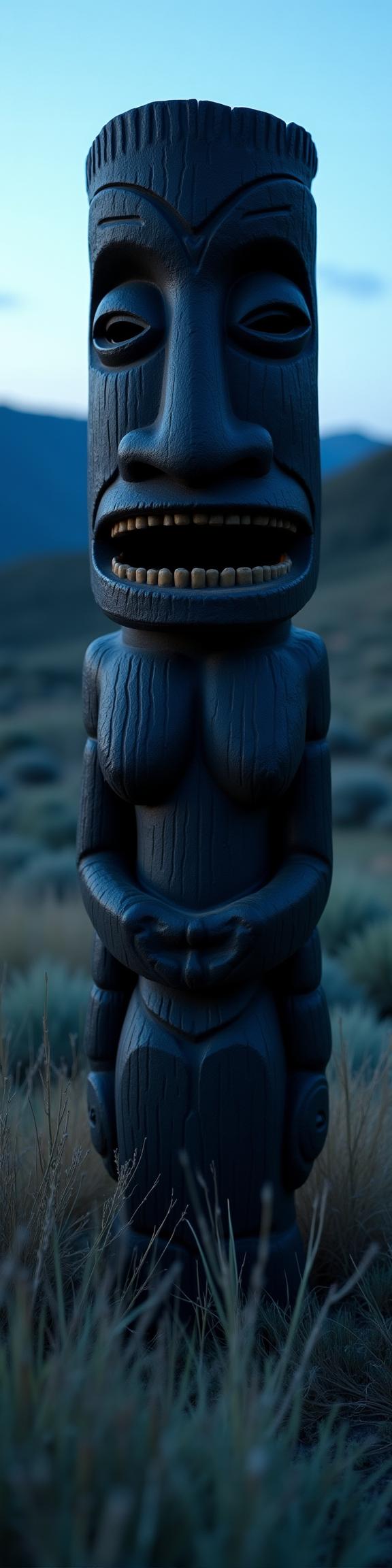 photograph, Navy Blue field and hillside, lovely, body shot of a Black mouthed Tiki The discovery of oil in Texas