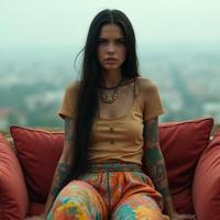 designed by Bojan Jevtic and John Batho , photograph, Rule of Thirds, medium close up shot of a dressed in a very Frustrated Vivid Ethiopian Ceramic Culottes and tucked in t shirt