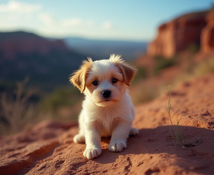photograph, majestic, medium wide shot of a Unexpected Avant Garde Burgundy Maltese Puppy , at Photogenic Mesa Verde National Park