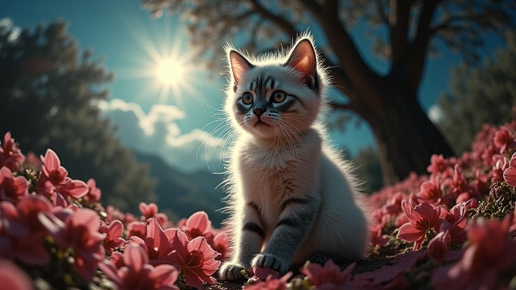 art by Barbara Stauffacher Solomon and Andreas Levers , photograph, medieval and religious themes, low angle shot of a Tapered Intensive Silver hybrid Ragdoll Kitten