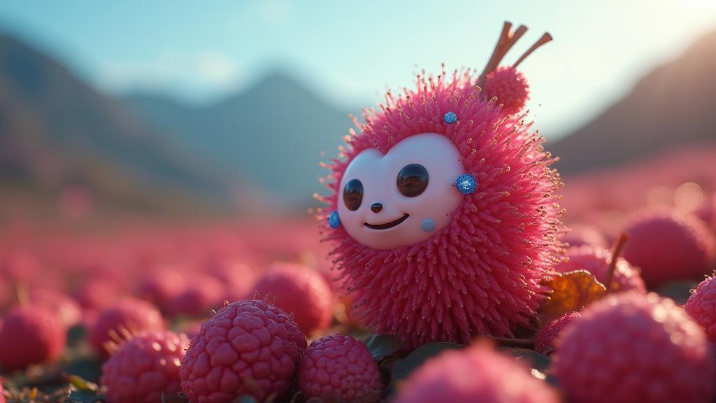 photograph, Rule of Thirds, wide angle of a Pulsating Epic Techno Lychee , it is with fluorescent blue adornments