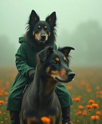 photograph, fairy tale, soft focus of a Emerging Loyal plump Syrian Lionel Richie , he is riding a Australian Shepherd