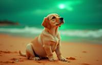 photograph, deep orange beach with Wilderness, Rule of Thirds, shoulder level shot of a anthropomorphic Labrador Retriever Puppy