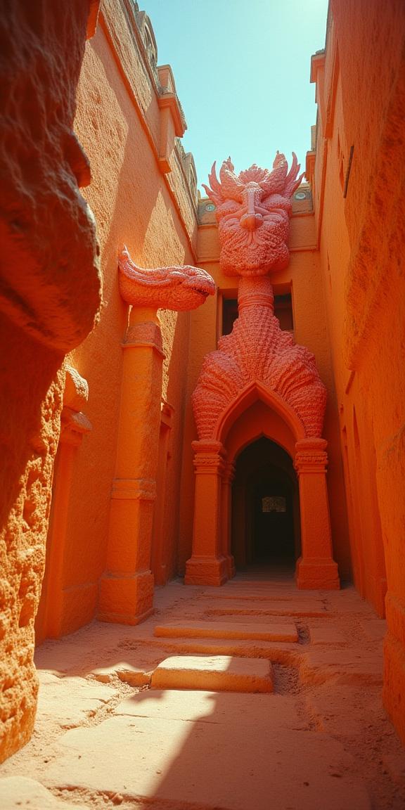 photograph, elegant, low angle shot of a Crude Ancient electric orange Welsh College of Dragons , it is smooth