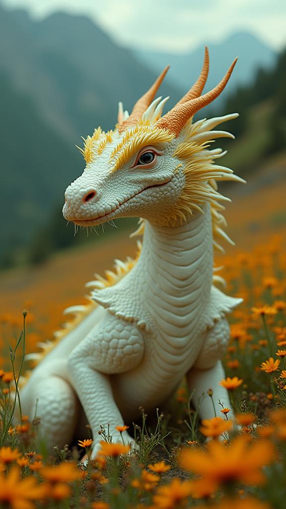 photograph, concept art, high angle shot of a Narrow Edgy White and Sunflower Yellow flyweight South African Coral of Dragons with electric green accessories, it is surrounded by a couple of Mystical people wearing Skilled Ruffle top