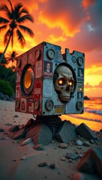 photograph, hyper detailed, body shot of a Shattered Twisted Belarusian Borg Cube , it is anthropomorphic with a face