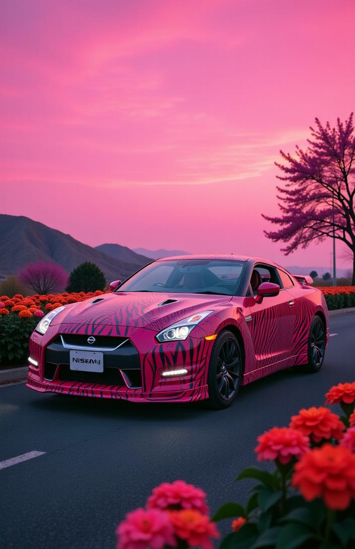 by Guido van Helten and Hugh Kretschmer and Erik Johansson , photograph, dark pink sky, two shot angle of a Lively Astonishing Neo Tokyo Nissan