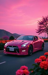 by Guido van Helten and Hugh Kretschmer and Erik Johansson , photograph, dark pink sky, two shot angle of a Lively Astonishing Neo Tokyo Nissan
