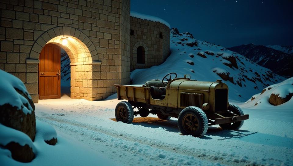 photograph, Hyper Creative dungeon and Gravity well in background, realism, medium wide shot of a Tactile Rusty Tunisian Snow plow
