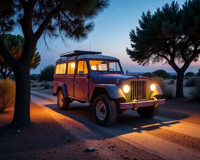 photograph, stylized, wide shot of a Shaky Authentic Bedouin wheeled vehicle , it is made from Andromeda galaxy