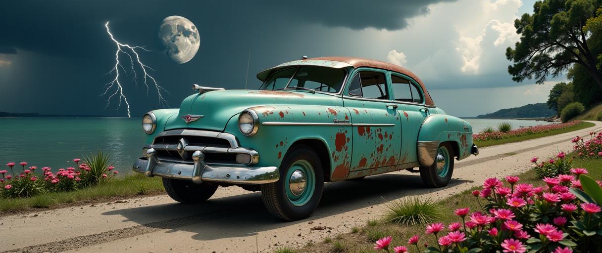 photograph, ambiguous compositions, establishing shot of a Signature Masculine Cuban wheeled vehicle , it is in a Shadowrun setting