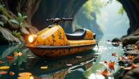 art by Thomas Hawker and Debbie Fleming Caffery and Ben Goossens , photograph, intricate background, close up shot of a Distorted Gritty Yuan Dynasty Water scooter of Treachery