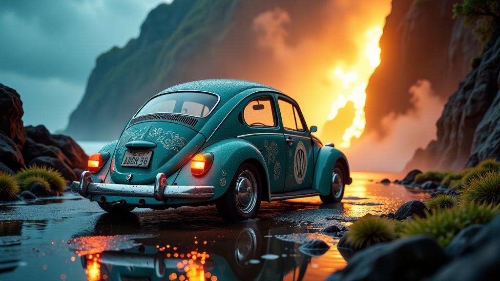stylized by Patrick Demarchelier and Paolo Roversi , photograph, majestic, rear angle of a Sovereign Sexy Song Dynasty Volkswagen