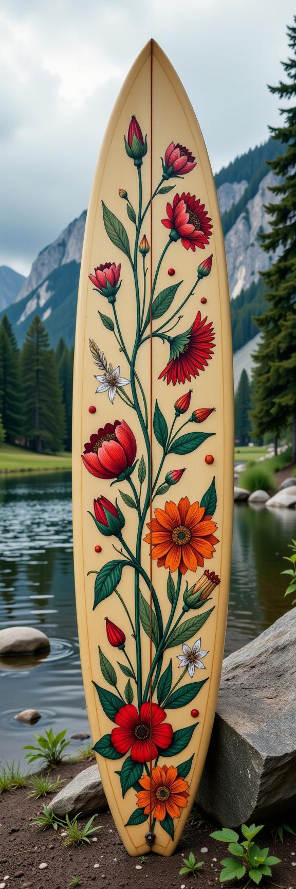 photograph, Floral motives, upper body shot of a s Hyperdetailed Cosplayer Surfboard , it has intricate details