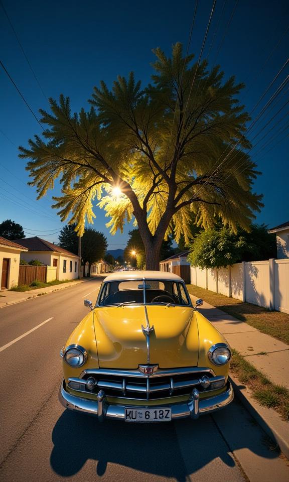 photograph, desolate street with Willow tree, Rule of Thirds, over the shoulder shot of a Horned Fatigued Mediterranean Ford