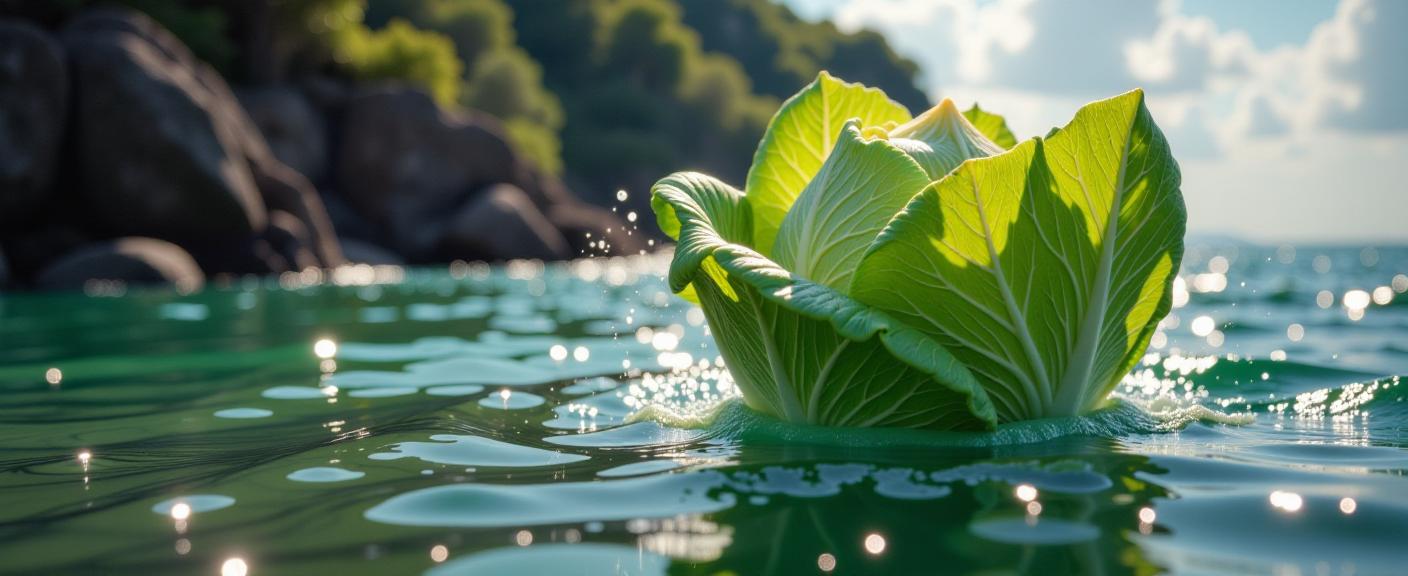 photograph, lush water and Nebula in background, Rule of Thirds, side profile of a Gamer iceberg lettuce
