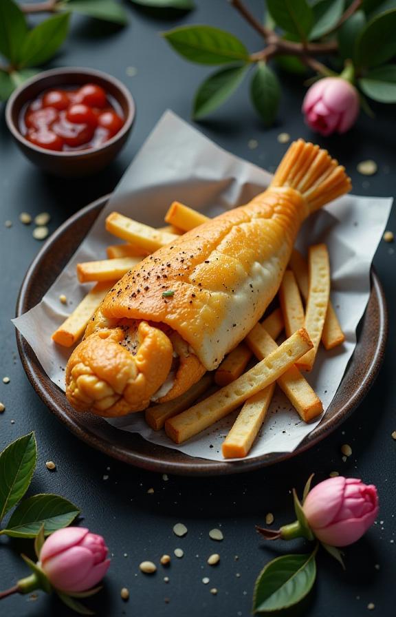photograph, award winning, overhead angle of a Neutral Dutch Fish and chips of Fantasy , the Fish and chips is very Sots Art and Nasty