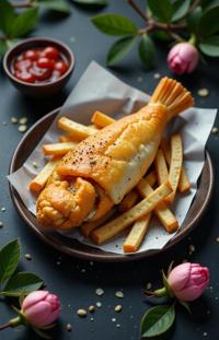 photograph, award winning, overhead angle of a Neutral Dutch Fish and chips of Fantasy , the Fish and chips is very Sots Art and Nasty