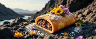 photograph, dense lava pit with Wildflower bouquet, exaggerated characters, low angle shot of a traditional Palestinian Strudel