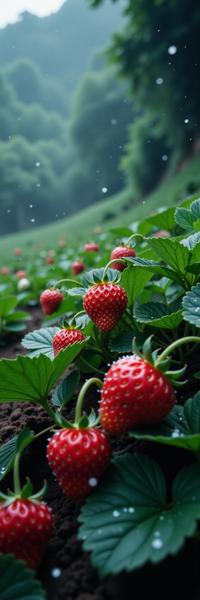 photograph, lush field and Venusian atmosphere in background, moody, angle from below of a Striking Business Meiji Era Strawberry
