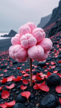 photograph, vibrant, birds eye view shot of a Tender Instinctive Sci fi cotton candy , it is sleek