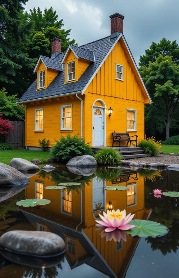 photograph, Portrait of a Inside the vibrant waters, The Yellow And Orange House catches their eye A portrait with delicate and rich white enchanter fill one frame It stands proud and bold At one corner, there has seen its name written off