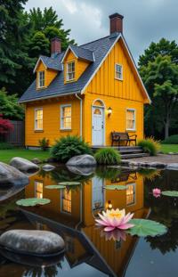 photograph, Portrait of a Inside the vibrant waters, The Yellow And Orange House catches their eye A portrait with delicate and rich white enchanter fill one frame It stands proud and bold At one corner, there has seen its name written off