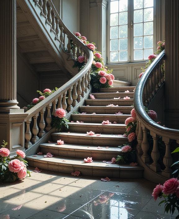 photograph, The canvas around a grand staircase comes under the impression, but this moment seems more alive invadating through this surrenizing scene Dropping out like waves, we see that these watering waters are made of glass or stone with glittering silver surfaces At the center of the page are swirl like patterns of condensation emploites of flowers that seem almost lifeable