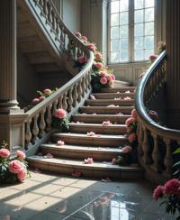 photograph, The canvas around a grand staircase comes under the impression, but this moment seems more alive invadating through this surrenizing scene Dropping out like waves, we see that these watering waters are made of glass or stone with glittering silver surfaces At the center of the page are swirl like patterns of condensation emploites of flowers that seem almost lifeable