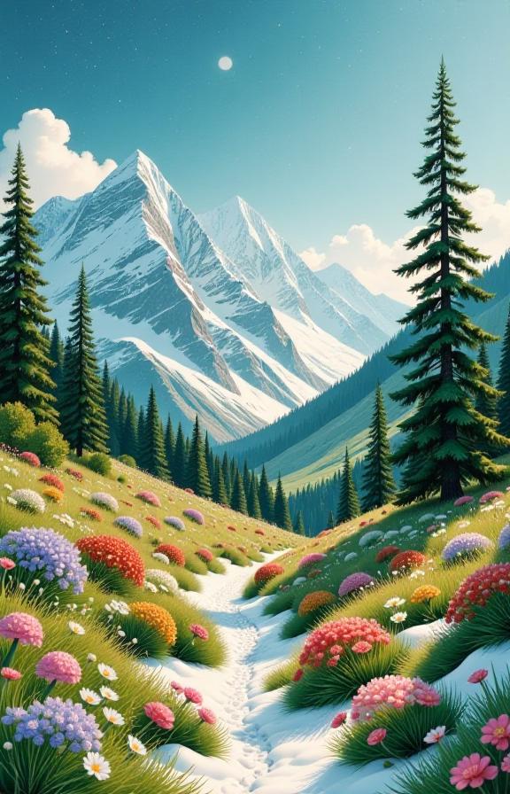photograph, framed by vibrant pastel and green huery patterns that make everything come crashing against the backdrop of chilly snow and wild flowers bloom, transforming one another imaginariously Instead, this painting is painted into an abstract version featuring intricate watercolor details with shimmer and sparkle relicizing nature with precision blending seamlessly in its simplicity as seen below in an extraordinary landscape made by natural ligh