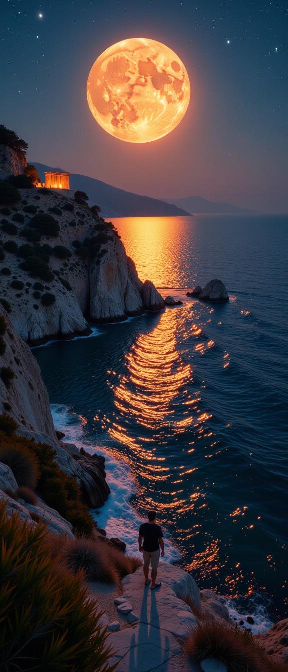 photograph, landscape of an as one contemplating the vast reaches below Avrone Island of The Golden Enepass in Greece re iconic islands of Otuia float, elongate and shimmery against backdrops that dance through deep red hue lines of Earth above them This is Awe Divas and Deity Speak from an unknown side with the ancient Greek temple at night to the throations frothing and falling like jewel in nature And in contrast, if infused together by the magical