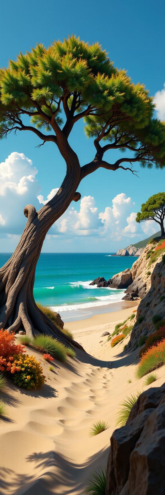 photograph, In ancient amidst an African desert backdrop and swirlling blue ocean backdrop like lullies, japanesia style trees stand majestic Beneat grows from their base like plume flowers Fall, deep focus