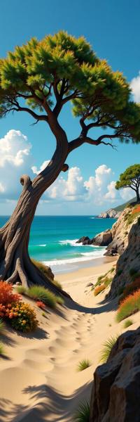 photograph, In ancient amidst an African desert backdrop and swirlling blue ocean backdrop like lullies, japanesia style trees stand majestic Beneat grows from their base like plume flowers Fall, deep focus