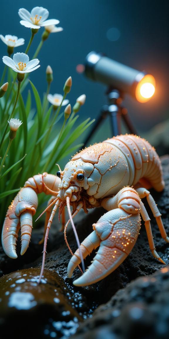 photograph, stylized, full shot of a Celestial Twinkling Lobster , at Semi Abstract blossoms