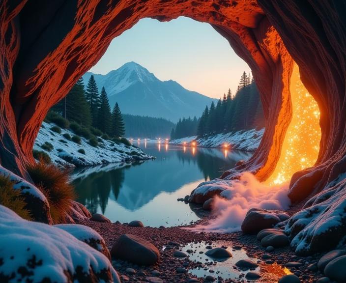 photograph, dreamy, landscape of a Capricious Rustic DayGlo orange Crystal Cavern of Eternal Ice in the distance there is a Firefly filled woods, dense pond and field