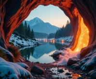 photograph, dreamy, landscape of a Capricious Rustic DayGlo orange Crystal Cavern of Eternal Ice in the distance there is a Firefly filled woods, dense pond and field