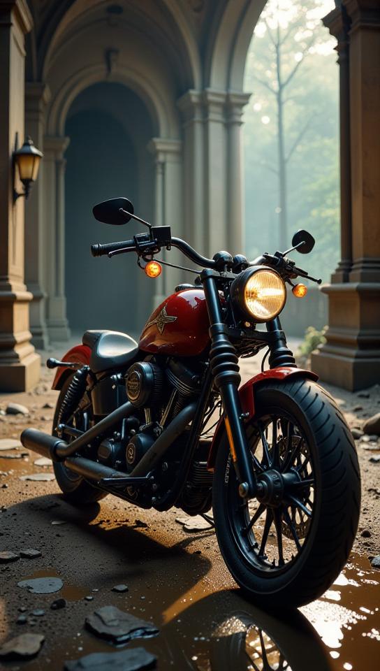 photograph, Golden ratio, medium close up shot of a Prussian Harley Davidson , it is very Ornate and Moving